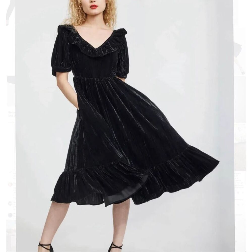 Batsheva May Midi Dress Crushed Velvet 4 Black Ruffled Tiered V-Neck Short Sleev